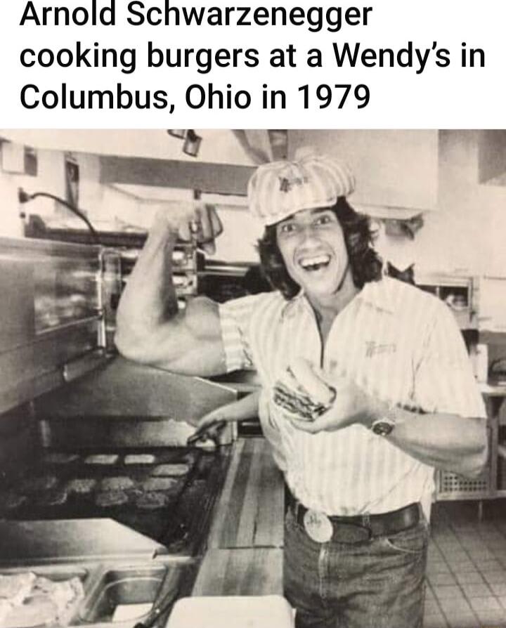 Arnold Schwarzenegger cooking burgers at a Wendys in Columbus Ohio in 1979