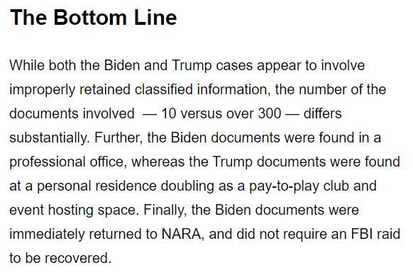 The Bottom Line While both the Biden and Trump cases appear to involve improperly retained classified information the number of the documents involved 10 versus over 300 differs substantially Further the Biden documents were found in a professional office whereas the Trump documents were found ata personal residence doubling as a pay to play club and event hosting space Finally the Biden documents