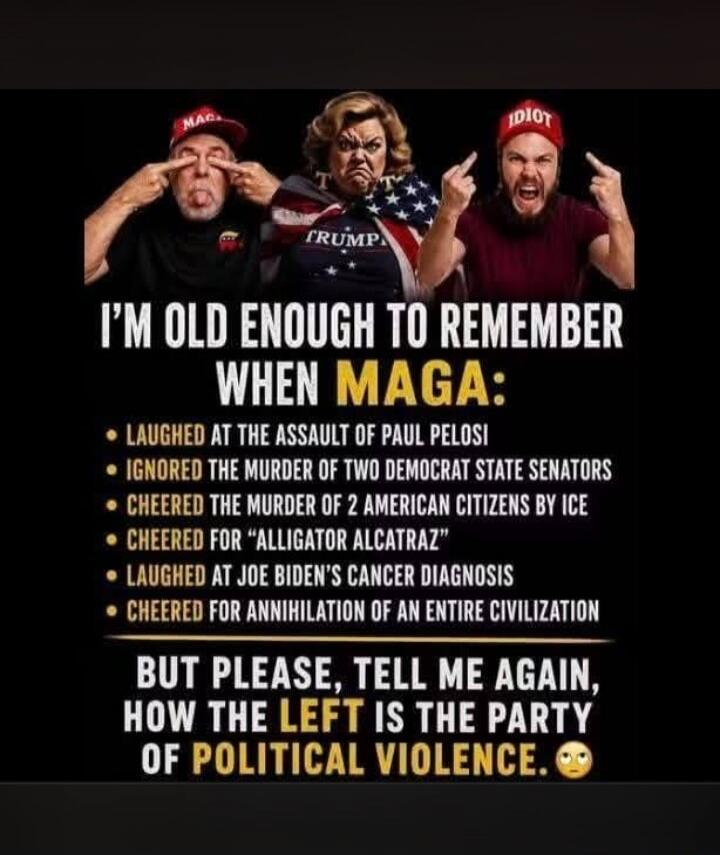 I'M OLD ENOUGH TO REMEMBER WHEN MAGA: LAUGHED AT THE ASSAULT OF PAUL PELOSI IGNORED THE MURDER OF TWO DEMOCRAT STATE SENATORS CHEERED THE MURDER OF 2 AMERICAN CITIZENS BY ICE CHEERED FOR 