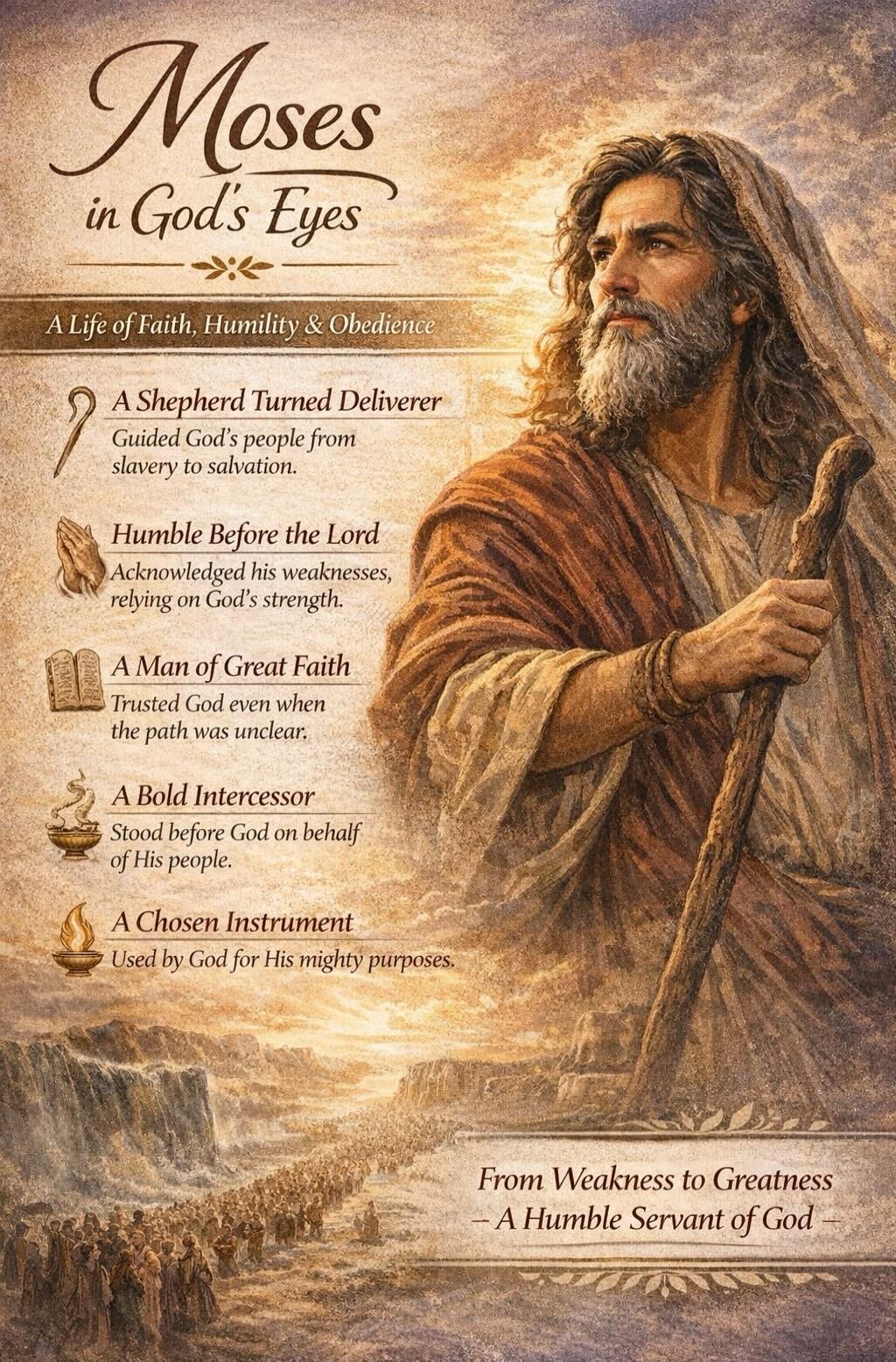 Moses in God's Eyes. A Life of Faith, Humility & Obedience. A Shepherd Turned Deliverer. Guided God's people from slavery to salvation. Humble Before the Lord. Acknowledged his weaknesses, relying on God's strength. A Man of Great Faith. Trusted God even when the path was unclear. A Bold Intercessor. Stood before God on behalf of His people. A Chos