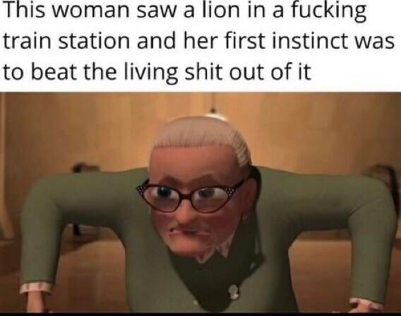 This woman saw a lion in a fucking train station and her first instinct was to beat the living shit out of it