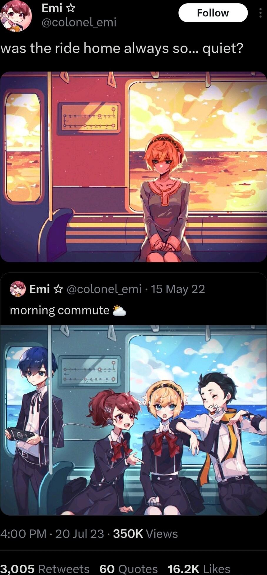 Emi colonel emi 15 May 22 morning commute KoJol oV R Io B V ol 1 le QUTWE 3005 Retweets 60 Qu 162K Likes