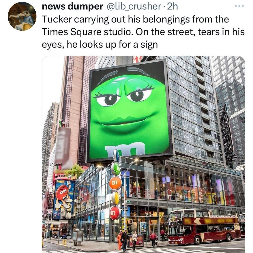 news dumper lib crusher 2h Q Tucker carrying out his belongings from the Times Square studio On the street tears in his eyes he looks up for a sign T