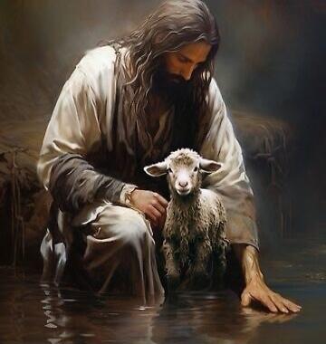 A painting of Jesus sitting by water, gently touching a lamb.