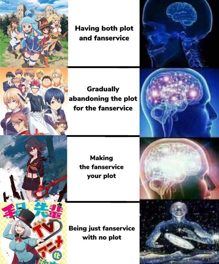 Having both plot and fanservice Gradually abandoning the plot for the fanservice Making the fanservice your plot Being just fanservice with no plot