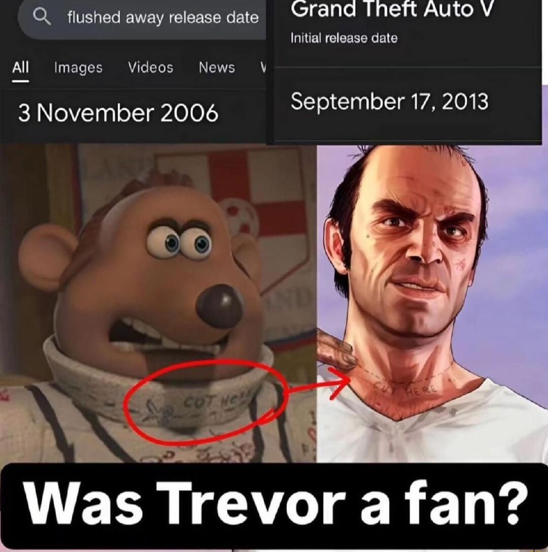 Grana Theft Auto V Initial reloase date Q_ flushed away release date Al images Videos News 3 November 2006 September 17 2013 D0 1 Was Trevor a fan