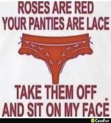 ROSES ARE RED YOUR PANTIES ARE LACE TAKE THEM OFF AND SIT ON MY FACE