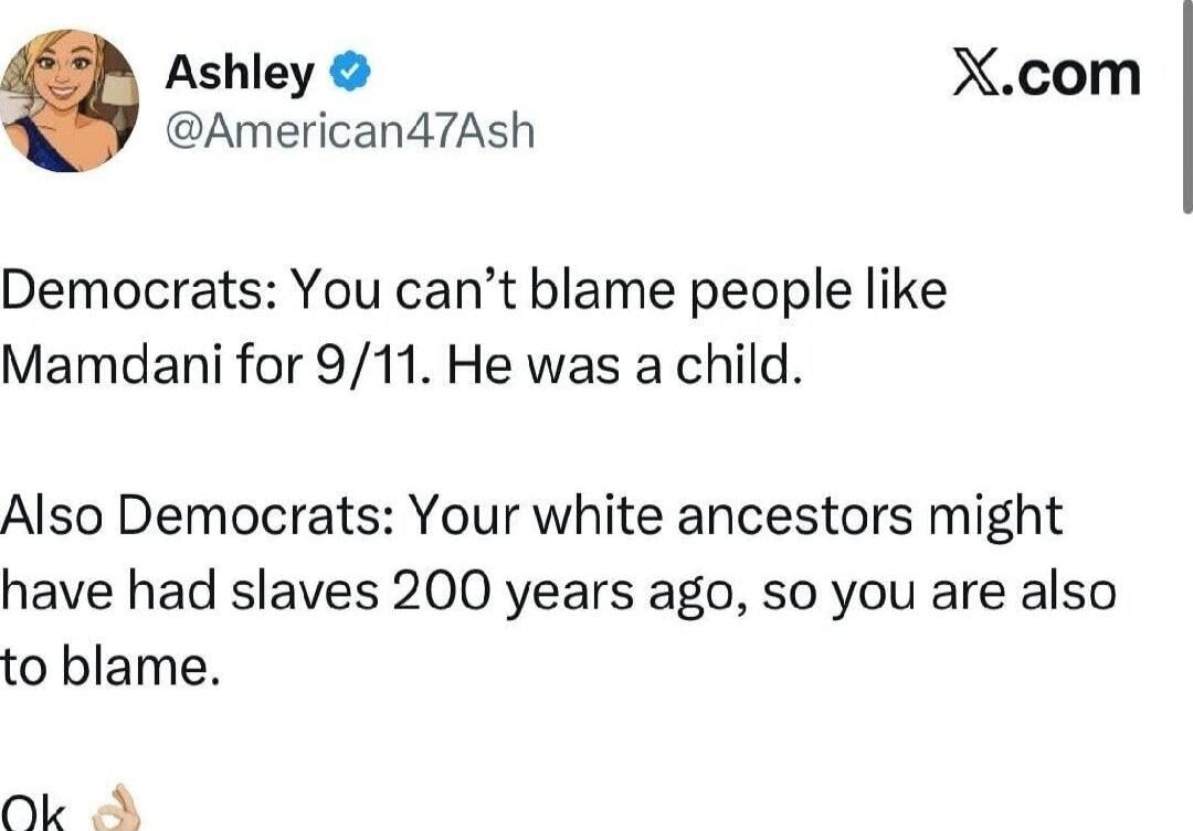 Democrats: You can’t blame people like Mamdani for 9/11. He was a child.
Also Democrats: Your white ancestors might have had slaves 200 years ago, so you are also to blame.
Ok 👌