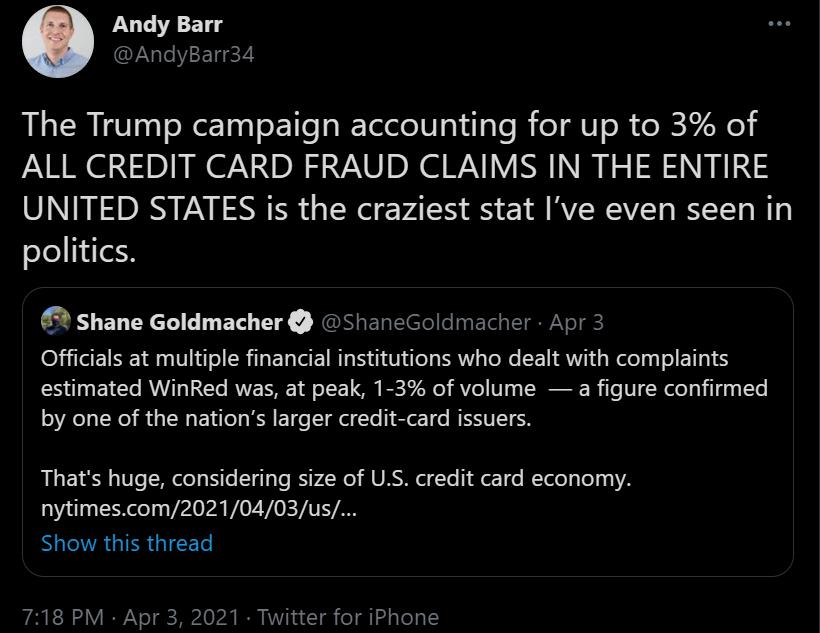 Andy Barr AndyBarr34 The Trump campaign accounting for up to 3 of ALL CREDIT CARD FRAUD CLAIMS IN THE ENTIRE UNITED STATES is the craziest stat Ive even seen in politics Shane Goldmacher ShaneGoldmacher Apr 3 Officials at multiple financial institutions who dealt with complaints estimated WinRed was at peak 1 3 of volume a figure confirmed by one of the nations larger credit card issuers R Ve F M 