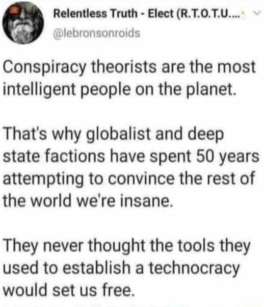 Relentless Truth Elect RT0TU lebronsonroids Conspiracy theorists are the most intelligent people on the planet Thats why globalist and deep state factions have spent 50 years attempting to convince the rest of the world were insane They never thought the tools they used to establish a technocracy would set us free