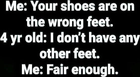 Me: Your shoes are on the wrong feet.\n4 yr old: I don’t have any other feet.\nMe: Fair enough.