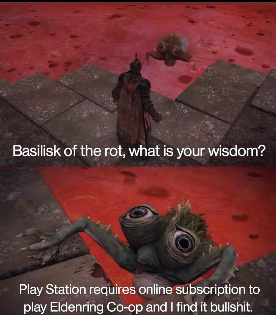 Basilisk of the rot what is your wisdom Play Station requires online subscription to play Eldenring Co op and find it bullshit