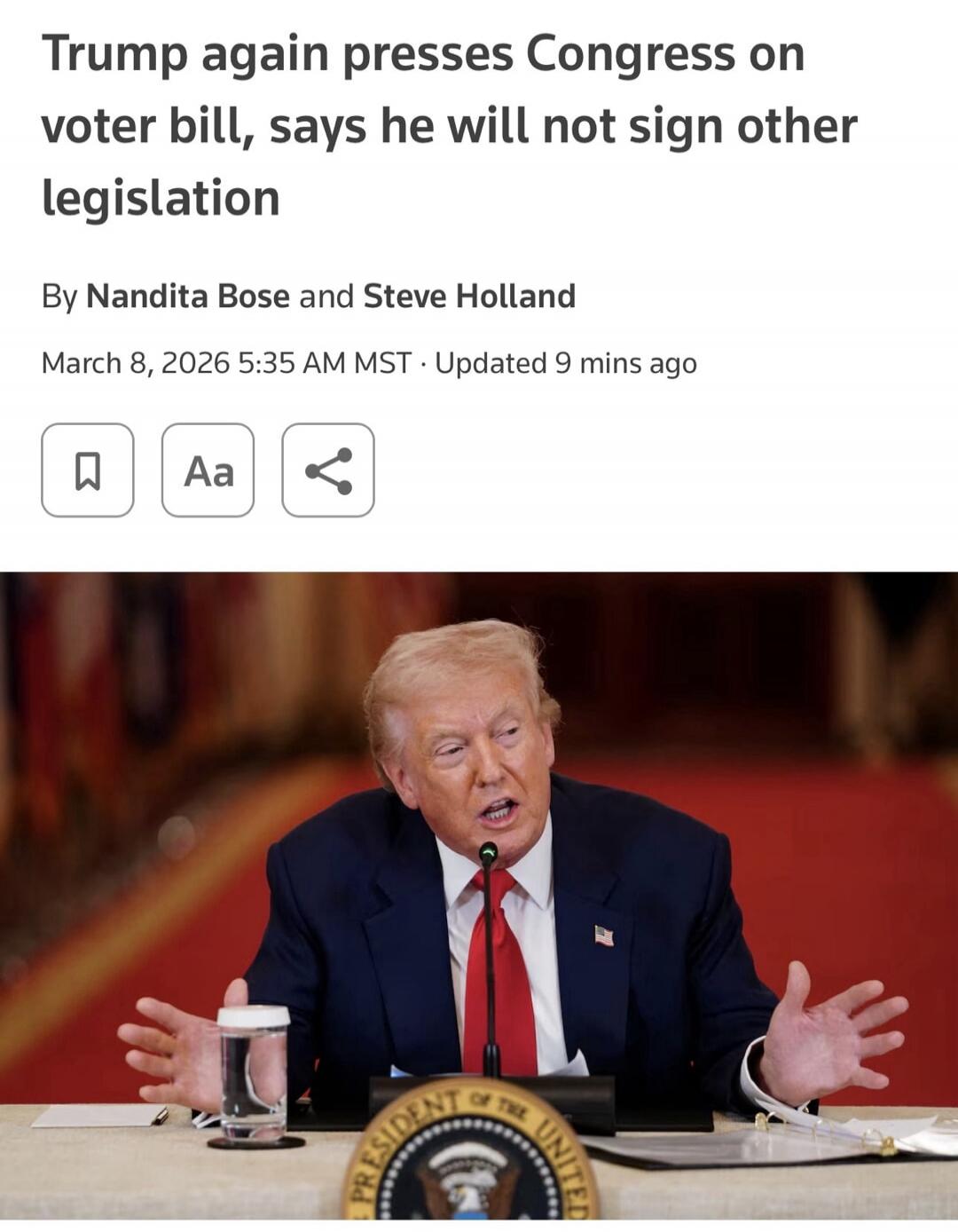 Trump again presses Congress on voter bill, says he will not sign other legislation