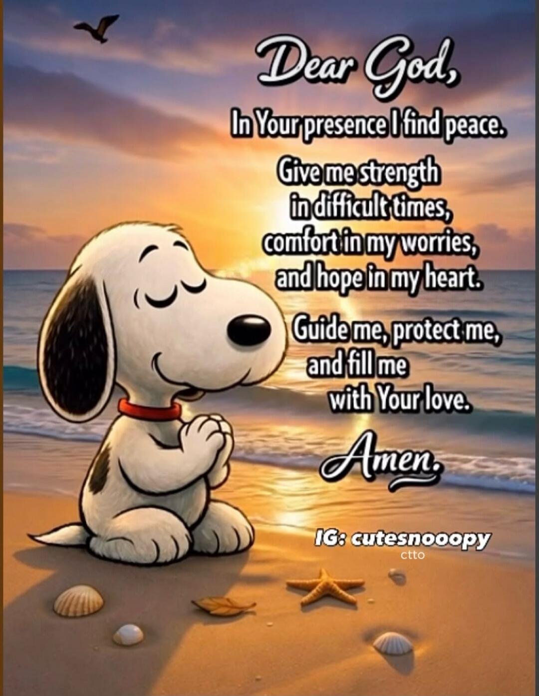 Dear God, In Your presence I find peace. Give me strength in difficult times, comfort in my worries, and hope in my heart. Guide me, protect me, and fill me with Your love. Amen. IG: cutesnooopy ctto