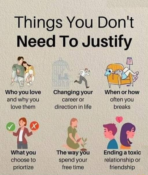 Things You Dont Need To Justify LA Who you love Changing your When or how and why you career or often you love them direction in life breaks 6 v What you The way u Ending a toxic choose to spend your relationship or priortize free time friendship