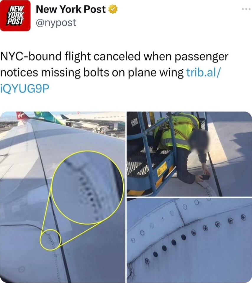 8l New York Post ey nypost NYC bound flight canceled when passenger notices missing bolts on plane wing tribal iIQYUGOP
