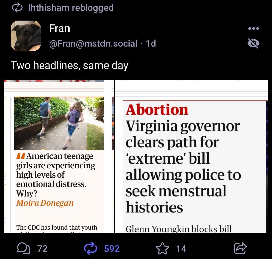 Ihthisham reblogged Fran Franmstdnsocial 1d I Two headlines same day Abortion Virginia governor clears path for extreme bill allowing police to Why seek menstrual Moira Donegan histories