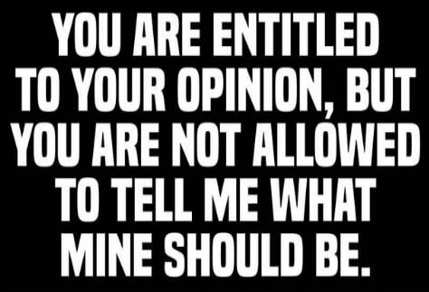 YOU ARE ENTITLED TO YOUR OPINION, BUT YOU ARE NOT ALLOWED TO TELL ME WHAT MINE SHOULD BE.