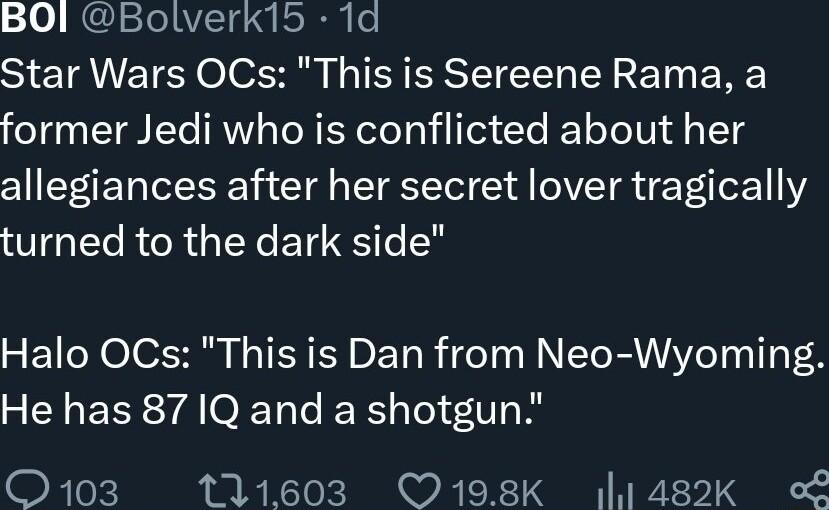 BOl Bolverkl5 1a Star Wars OCs This is Sereene Rama a former Jedi who is conflicted about her allegiances after her secret lover tragically OIGTEGRCRGEYCET T Halo OCs This is Dan from Neo Wyoming He has 87 1Q and a shotgun ETok 121603 198K 1482k oFf