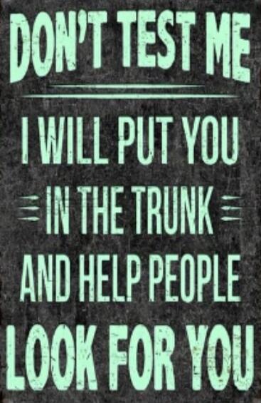 DON'T TEST ME I WILL PUT YOU IN THE TRUNK AND HELP PEOPLE LOOK FOR YOU