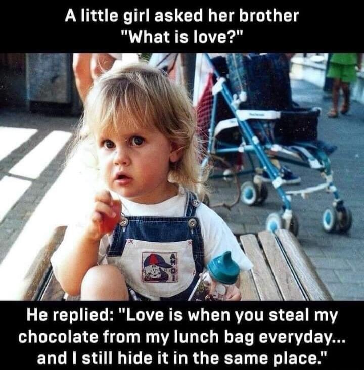 A little girl asked her brother 'What is love?' He replied: 'Love is when you steal my chocolate from my lunch bag everyday... and I still hide it in the same place.'