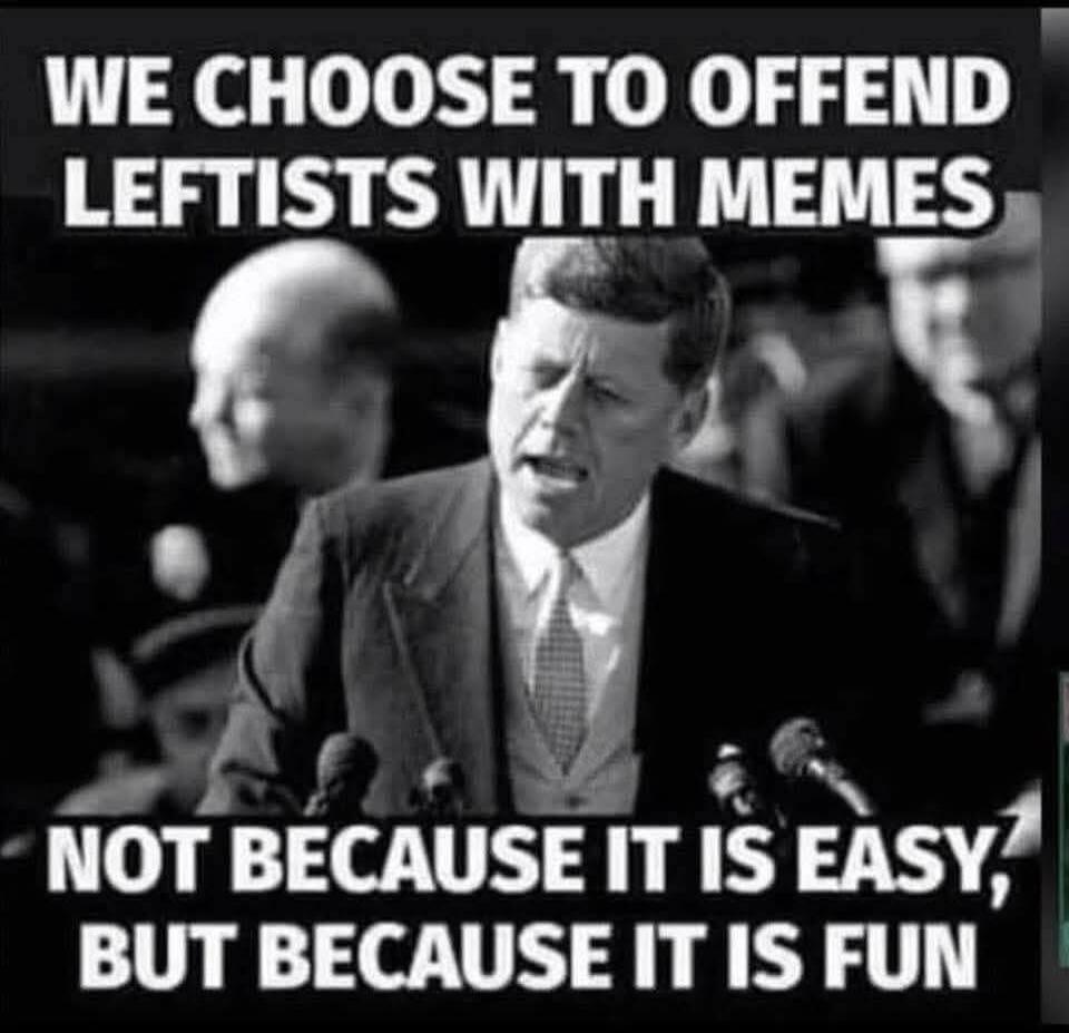WE CHOOSE TO OFFEND LEFTISTS WITH MEMES
NOT BECAUSE IT IS EASY, BUT BECAUSE IT IS FUN