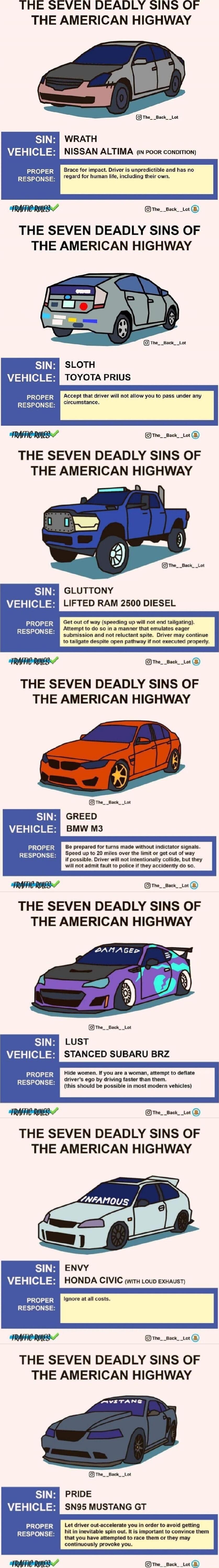 THE SEVEN DEADLY SINS OF THE AMERICAN HIGHWAY WRATH A SN NISSAN ALTIMA n o0r conpimon SR oracefor impact Drver s unprcicie and has no RESPONSE regard for human ife including their own TRAFFICRUES e__Back_Lat THE SEVEN DEADLY SINS OF THE AMERICAN HIGHWAY SLOTH TOYOTA PRIUS SIN ETTT l Accept that arver will notallow you to pass under any PSRN cicumstance TRAFFICRUESS me_seck_Lt THE SEVEN DEADLY SINS