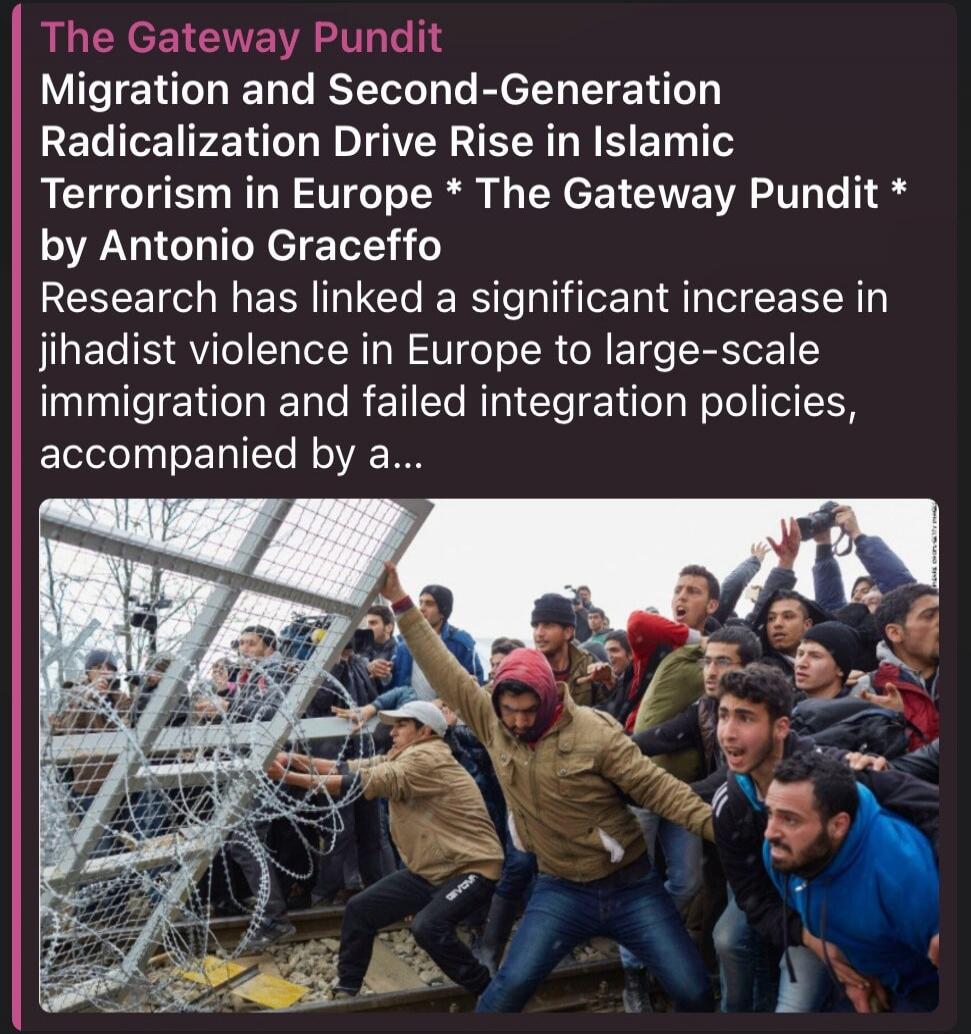 The Gateway Pundit Migration and Second-Generation Radicalization Drive Rise in Islamic Terrorism in Europe * The Gateway Pundit * by Antonio Graceffo Research has linked a significant increase in jihadist violence in Europe to large-scale immigration and failed integration policies, accompanied by a...
