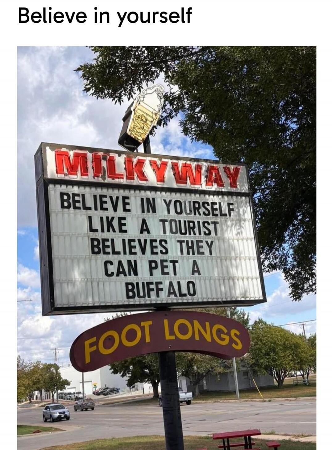 Believe in yourself. MILKYWAY. Believe in yourself like a tourist believes they can pet a buffalo. FOOT LONGS.