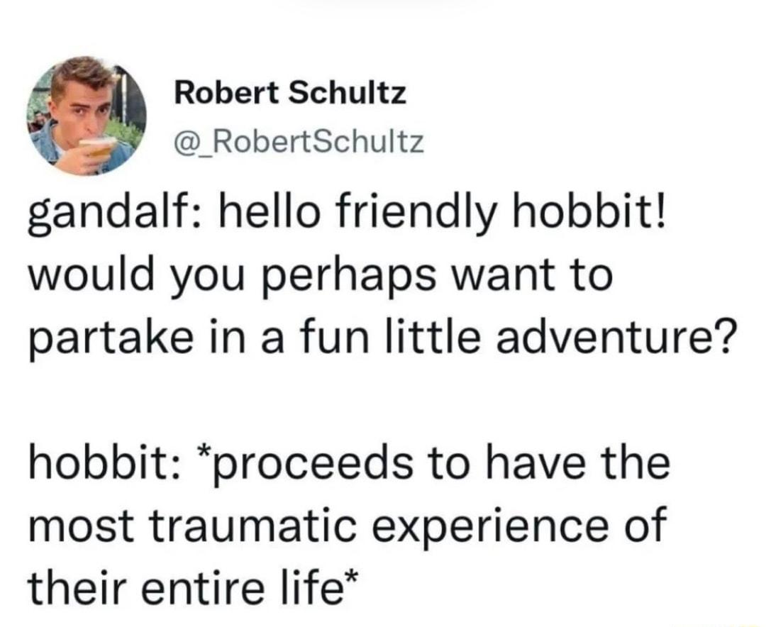 Robert Schultz RobertSchultz gandalf hello friendly hobbit would you perhaps want to partake in a fun little adventure hobbit proceeds to have the most traumatic experience of their entire life