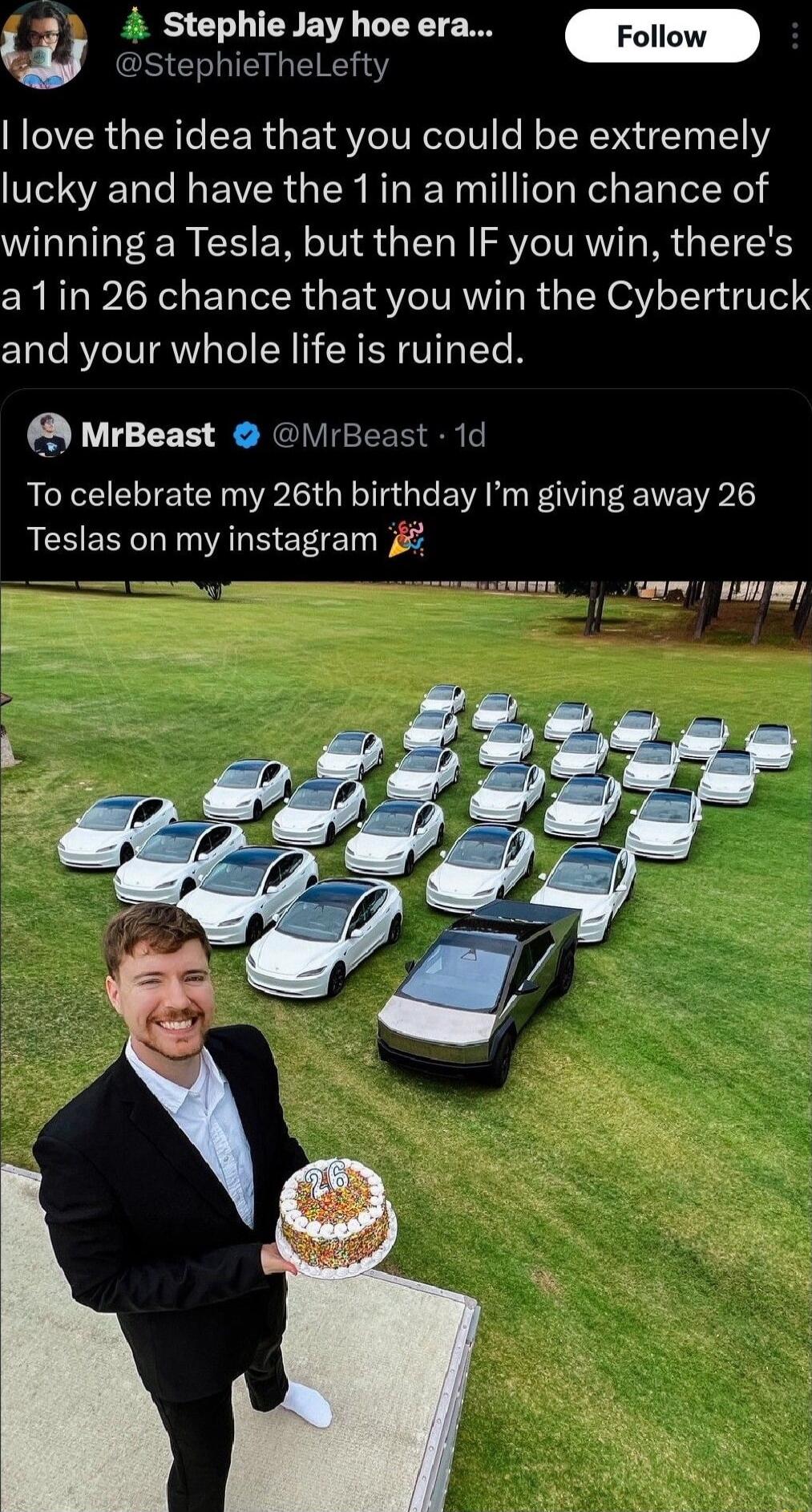 y StephieTheLefty love the idea that you could be extremely lucky and have the 1in a million chance of winning a Tesla but then IF you win theres a1in 26 chance that you win the Cybertruck and your whole life is ruined A MrBeast irBeast 1d To celebrate my 26th birthday Im giving away 26 Teslas on my instagram a7 T