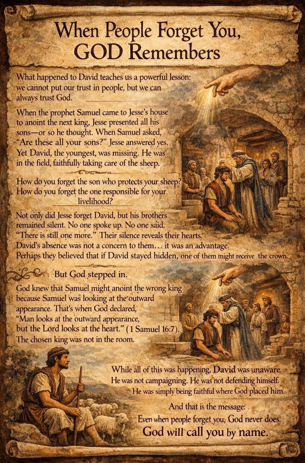 When People Forget You, GOD Remembers What happened to David teaches us a powerful lesson: we cannot put our trust in people, but we can always trust God. When the prophet Samuel came to Jesse's house to anoint the next king, Jesse presented all his sons—or so he thought. When Samuel asked, 