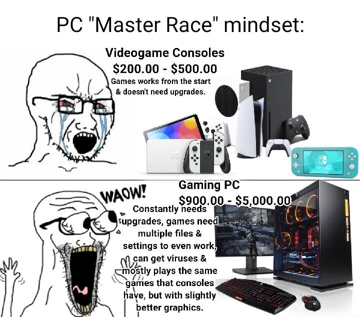 PC Master Race mindset Videogame Consoles 20000 50000 Games works from the st v GamingPC wAW 99000 500000 Constanty Yoot ingrades games ne muliple Tes satings 0 even work can get viuses S virs the same bt i sy Rt o