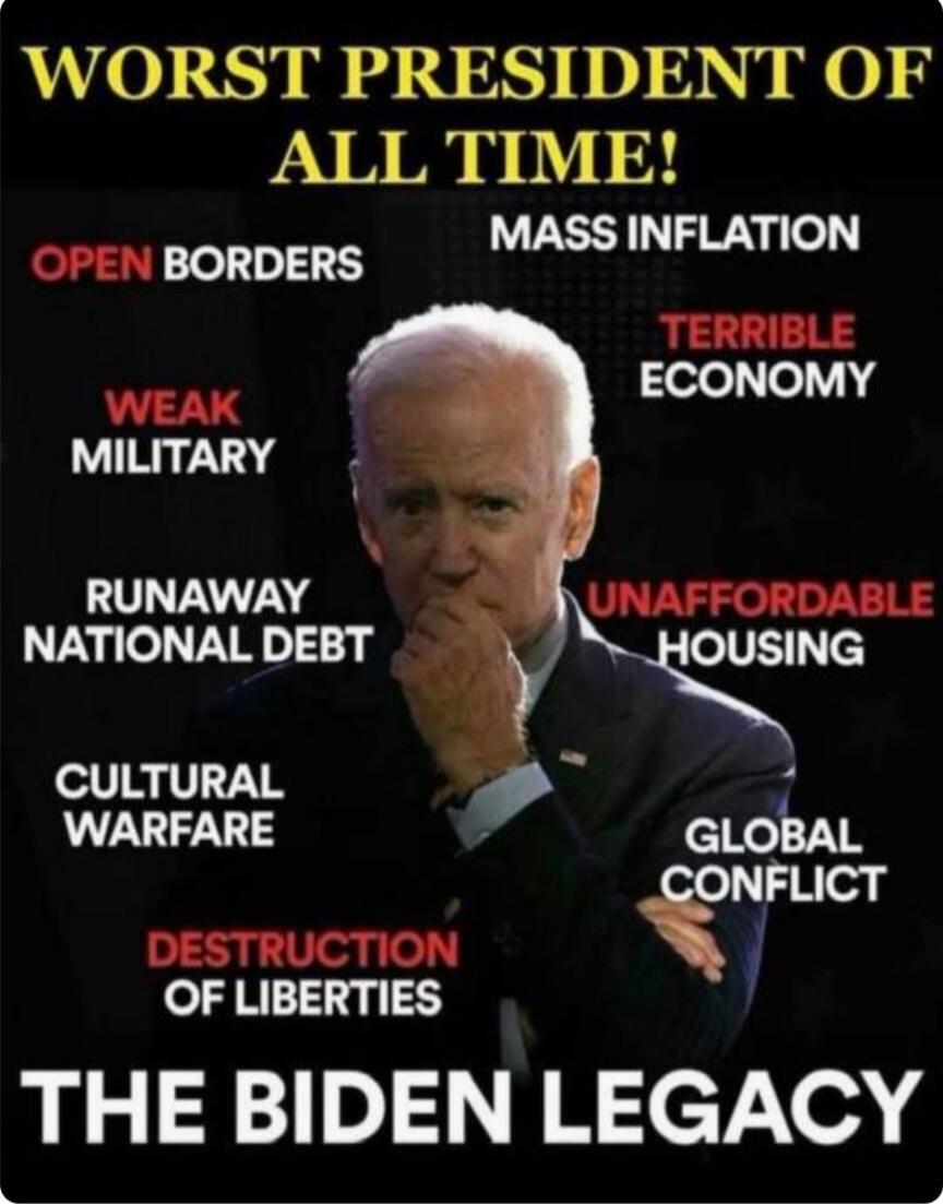 WORST PRESIDENT OF ALL TIME! OPEN BORDERS MASS INFLATION WEAK MILITARY TERRIBLE ECONOMY RUNAWAY NATIONAL DEBT UNAFFORDABLE HOUSING CULTURAL WARFARE GLOBAL CONFLICT DESTRUCTION OF LIBERTIES THE BIDEN LEGACY