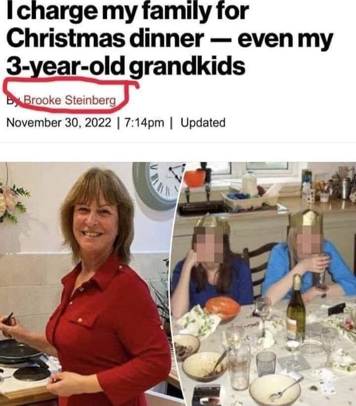 1charge my family for Christmas dinner even my 3 year old grandkids ByBrooke Steinberg November 30 2022 714pm Updated