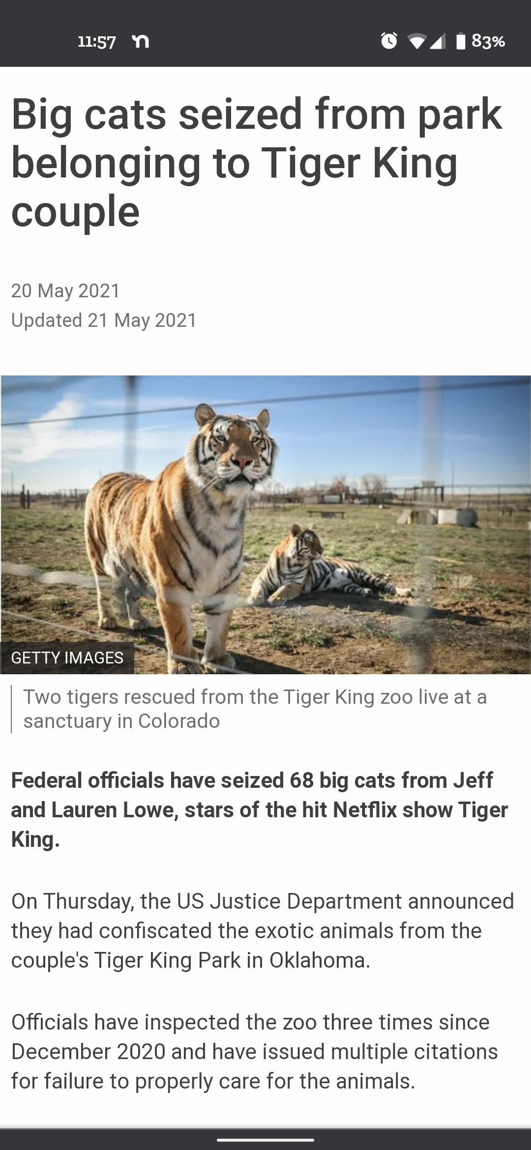 157 N UR VIl K33 Big cats seized from park belonging to Tiger King couple 20 May 2021 Updated 21 May 2021 Two tigers rescued from the Tiger King zoo live at a sanctuary in Colorado Federal officials have seized 68 big cats from Jeff and Lauren Lowe stars of the hit Netflix show Tiger King On Thursday the US Justice Department announced they had confiscated the exotic animals from the couples Tiger