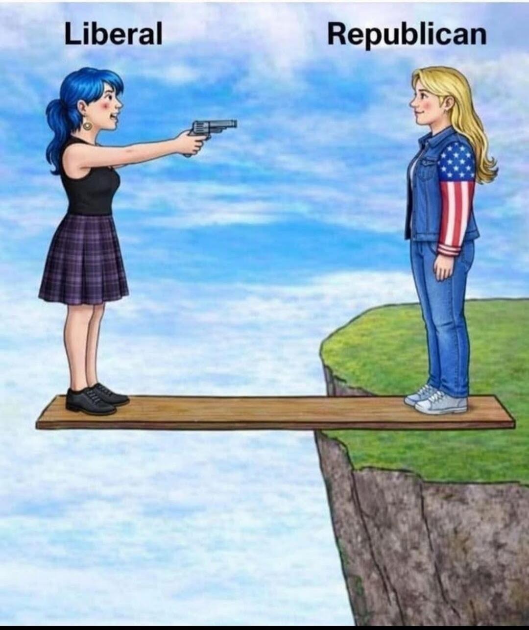 The image shows two women, labeled 'Liberal' and 'Republican', standing on a wooden plank extending over a cliff. The 'Liberal' woman, with blue hair, is pointing a gun at the 'Republican' woman, who has blonde hair and is wearing an American flag-themed jacket. The text on the image reads 'Liberal' and 'Republican'.