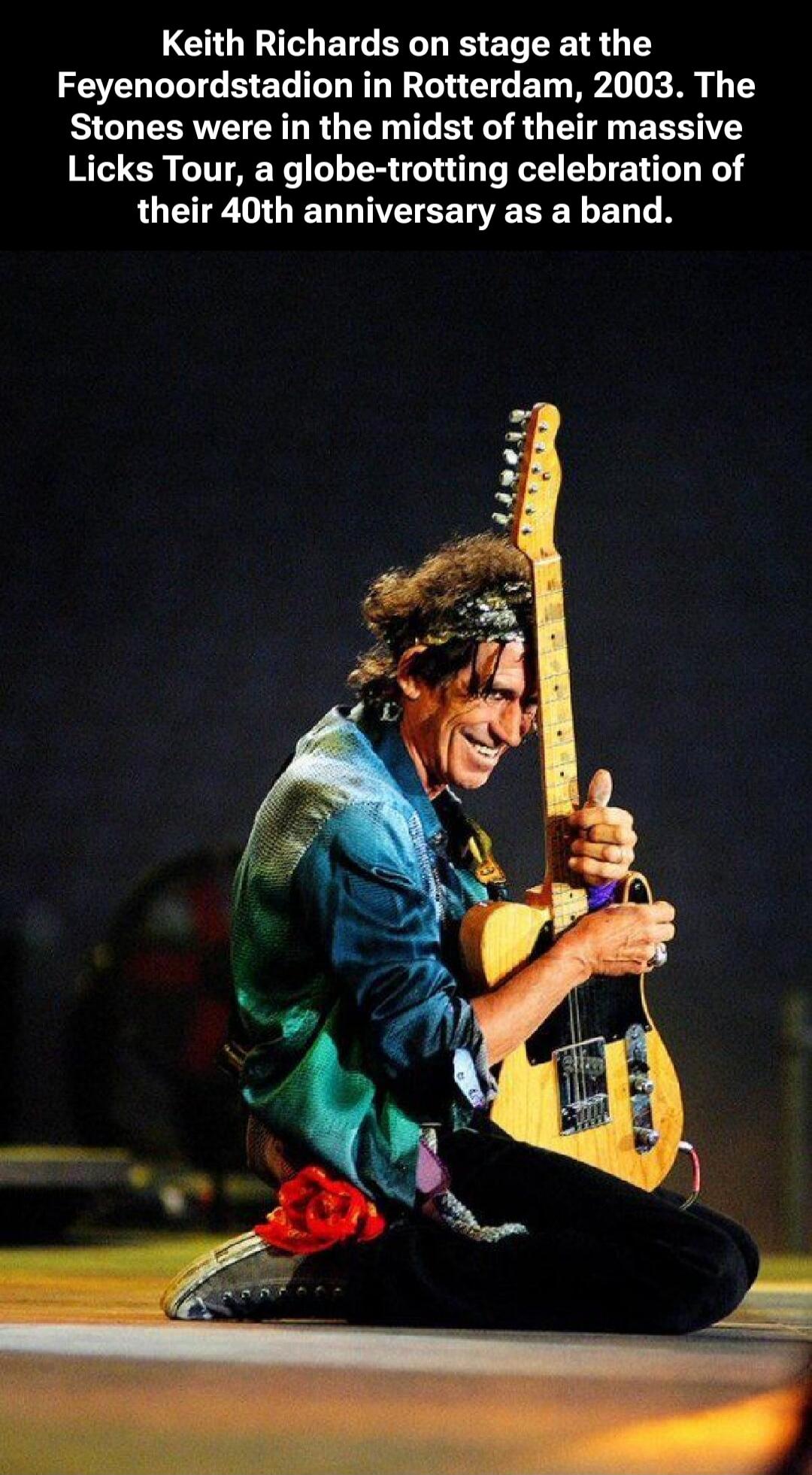 Keith Richards on stage at the Feyenoordstadion in Rotterdam, 2003. The Stones were in the midst of their massive Licks Tour, a globe-trotting celebration of their 40th anniversary as a band.