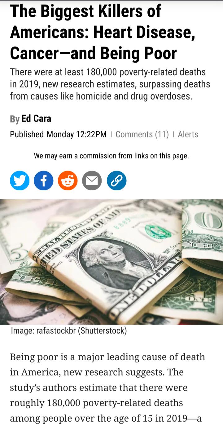 The Biggest Killers of Americans Heart Disease Cancerand Being Poor There were at least 180000 poverty related deaths in 2019 new research estimates surpassing deaths from causes like homicide and drug overdoses By Ed Cara Published Monday 1222PM Comments 11 Alerts We may ea a commission from links on this page 00006 Image rafastockbr Shutterstock Being poor is a major leading cause of death in Am