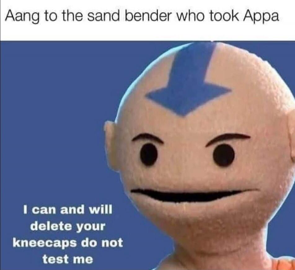 Aang to the sand bender who took Appa I can and will delete your kneecaps do not test me