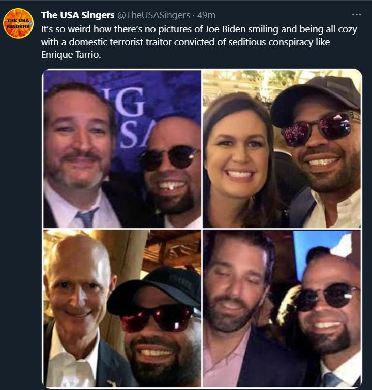 The USA Singers TheLSAs ngers 49 50 weird how theres no pictures of Joe Biden smiling and being all cozy with a domestic terrorst traitor convicted of seditious conspiracy like Enrique Tarrio