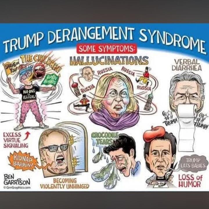 TRUMP DERANGEMENT SYNDROME SOME SYMPTOMS: HALLUCINATIONS RUSSIA RUSSIA RUSSIA RUSSIA VERBAL DIARRHEA SHAME ON YOU! THE CHILDREN! OPEN BORDERS NO ONE IS ILLEGAL #TRUMP! #TRUMP! EXCESS VIRTUE SIGNALING KIDNAP BARRON! BEN GARRISON GrrrGraphics.com BECOMING VIOLENTLY UNHINGED CROCODILE TEARS TRUMP EATS BABIES LOSS OF HUMOR