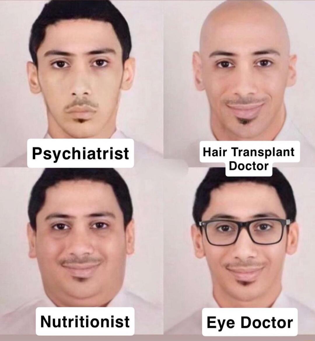 Psychiatrist, Hair Transplant Doctor, Nutritionist, Eye Doctor. The image shows a man's face digitally altered to represent different professions based on common stereotypes.