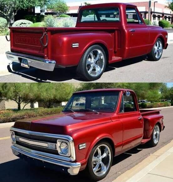 Two photos of a red classic pickup truck, shown from rear and front/side angles.