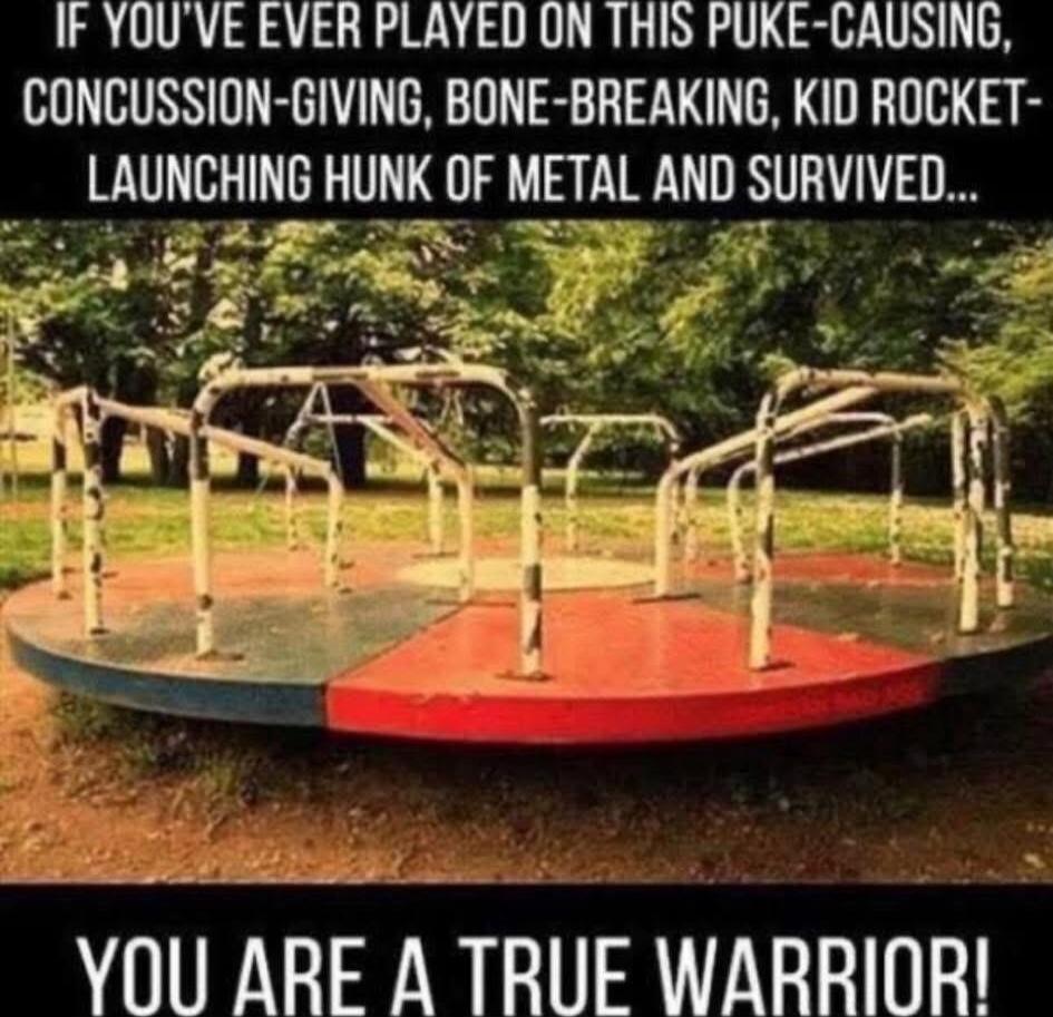 IF YOU'VE EVER PLAYED ON THIS PUKE-CAUSING, CONCUSSION-GIVING, BONE-BREAKING, KID ROCKET-LAUNCHING HUNK OF METAL AND SURVIVED... YOU ARE A TRUE WARRIOR!