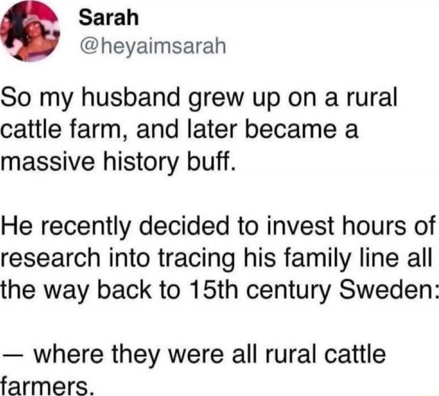 So my husband grew up on a rural cattle farm, and later became a massive history buff. He recently decided to invest hours of research into tracing his family line all the way back to 15th century Sweden: — where they were all rural cattle farmers.