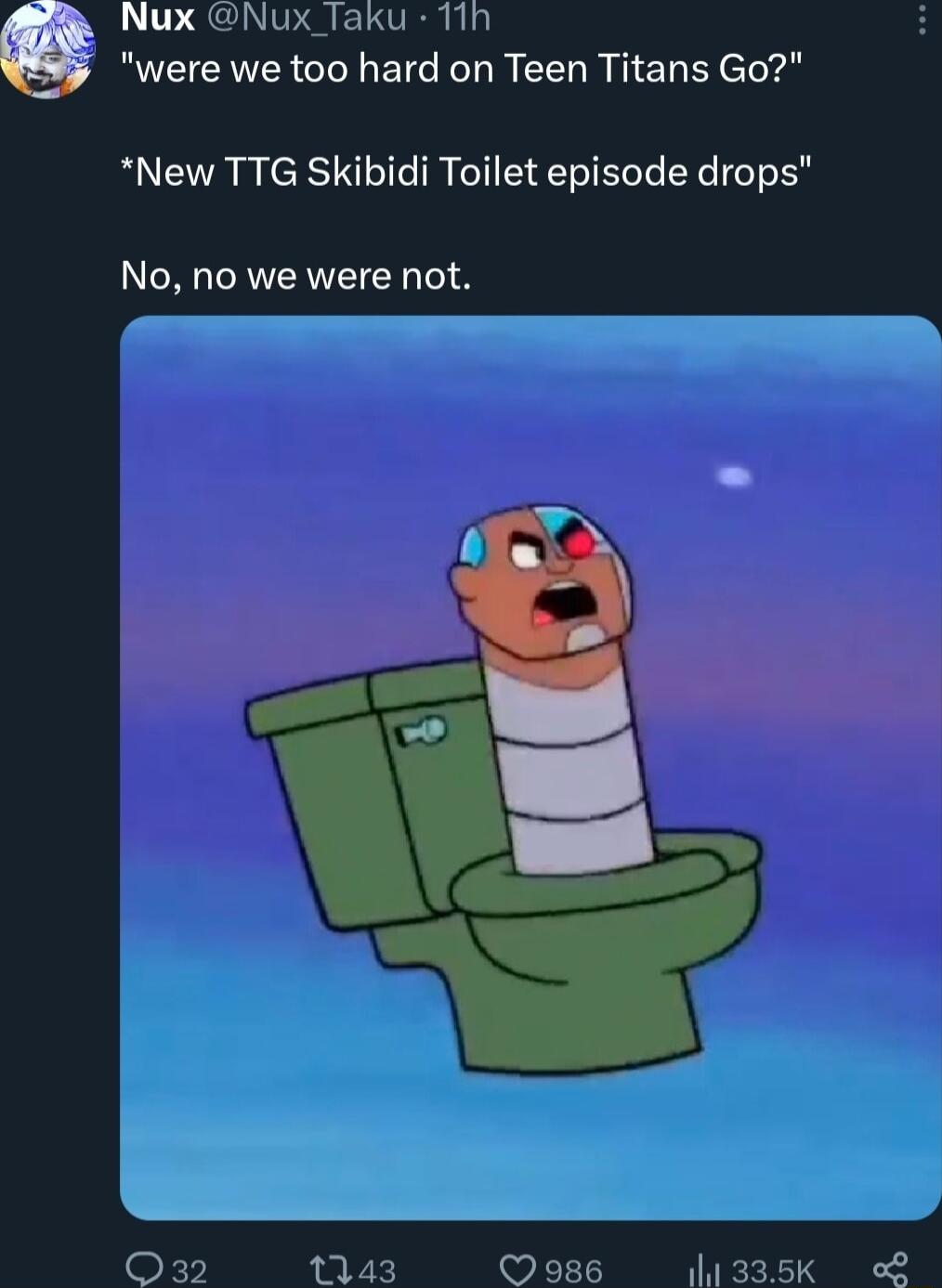 L SCU R SELC RN RUCCAVER G EIC IR CEL R el B ety New TTG Skibidi Toilet episode drops No no we were not O32 143 o986 1335k o