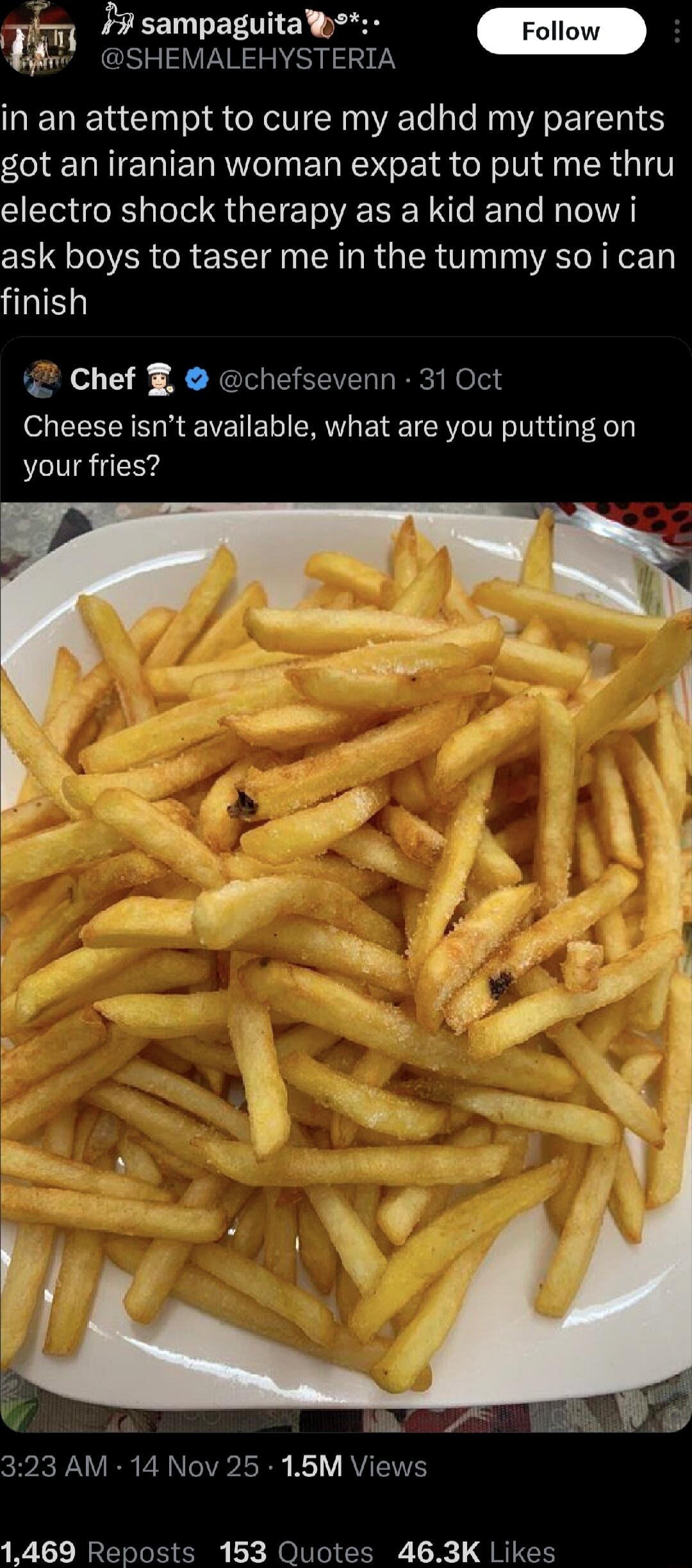 in an attempt to cure my adhd my parents got an iranian woman expat to put me thru electro shock therapy as a kid and now i ask boys to taser me in the tummy so i can finish

Cheese isn’t available, what are you putting on your fries?