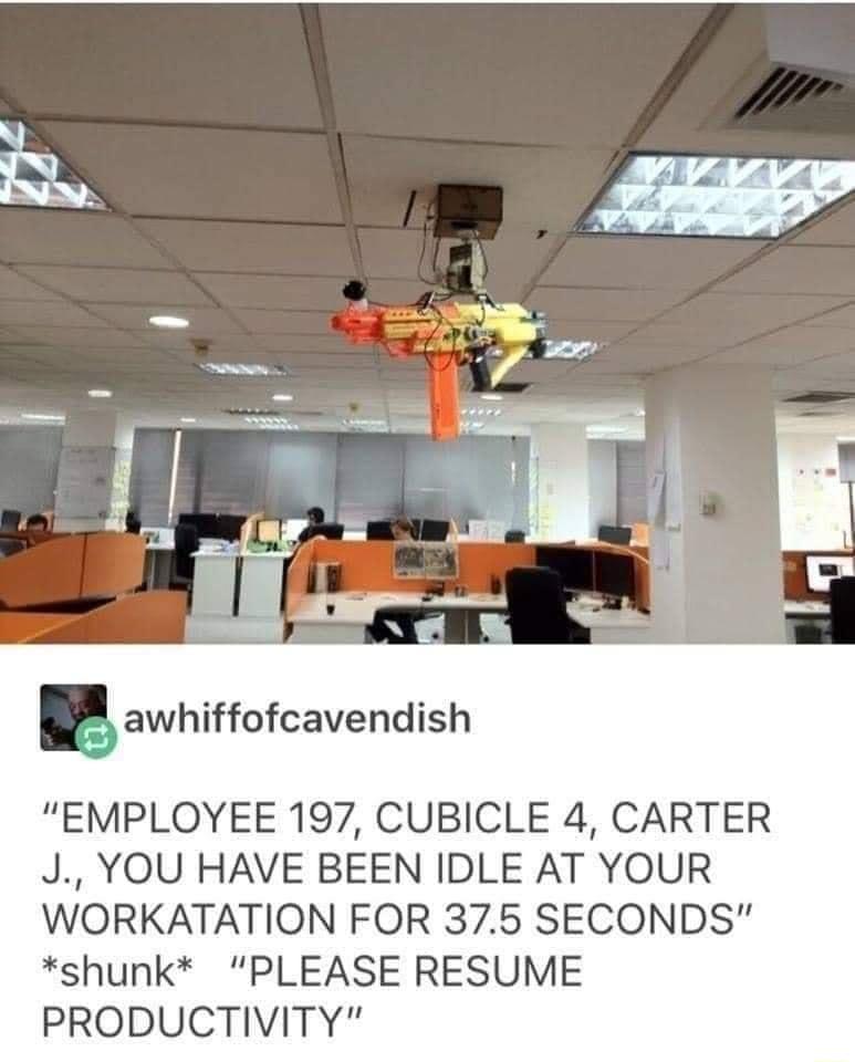 awhiffofcavendish EMPLOYEE 197 CUBICLE 4 CARTER J YOU HAVE BEEN IDLE AT YOUR WORKATATION FOR 375 SECONDS shunk PLEASE RESUME PRODUCTIVITY