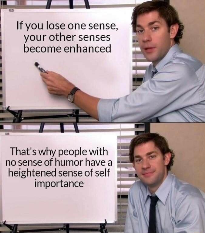 If you lose one sense your other senses become enhanced Thats why people with no sense of humor have a heightened sense of self importance